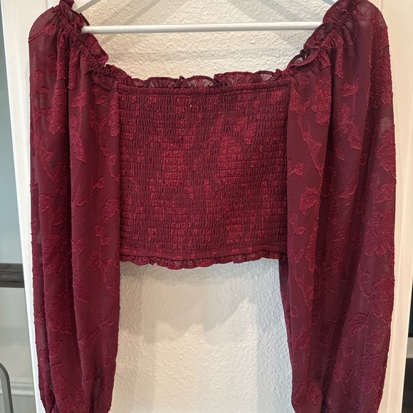 Altar’d State XS Burgundy Smocked Crop Top with Sheer Puff Sleeves - Picture 5 of 7